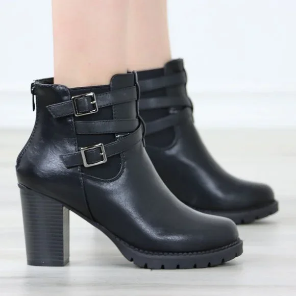 Black Ankle Boots Chunky Lug Block Heel Synthetic Leather Round Toe - Picture 4 of 12